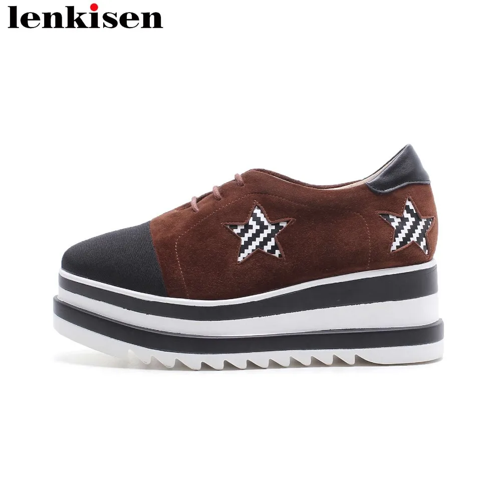 

Lenkisen 2018 new arrival round toe lace up mixed colors cow suede platform causal shoes wedges runway elegant women pumps L28