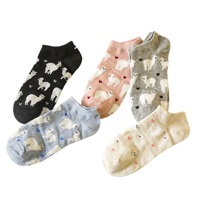 5 пар, женские милые носки, модные жаккардовые повседневные женские Носки с рисунком альпаки, хлопковые носки для девочек с антифрикционным эффектом, Meias Sox Hosiery