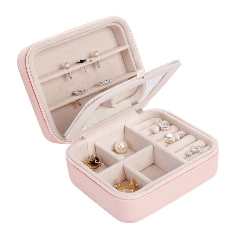 

Small Portable Travel Leather Jewelry Storage Bag with Mirror Jewelry Organizer Gift Box for Rings Earring Necklace and Bracelet