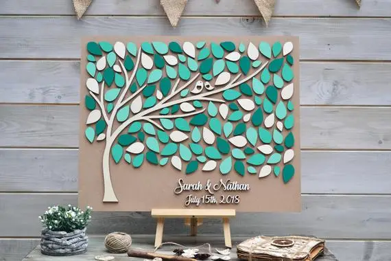 

Wedding Guest Book 3D Alternative Green Leaf Wedding Custom Rustic Wedding Guestbook Unique Wood Decor Wedding Gift Tree of Life