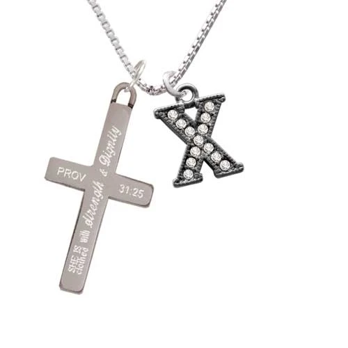Crystal Black Initial - X - Beaded Border - - Strength and Dignity - Cross Necklace (1)