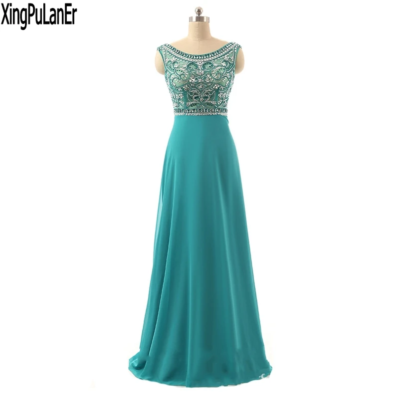 

XingPuLanEr A Line Scoop Neck Sleeveless Tank Silver Beaded Open Back Long Real Made Evening Dress