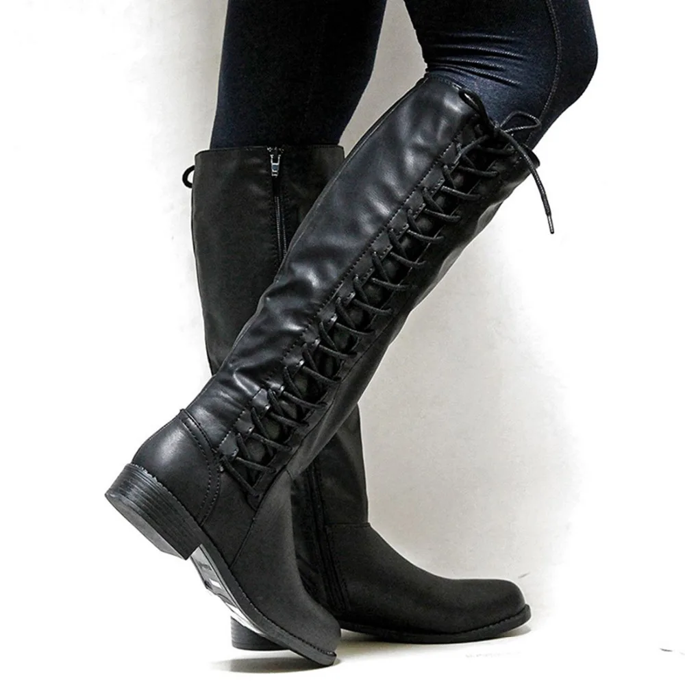 

2018 New Designer Womens Square Low Heel Riding Motorcycle Heel Knee High Boots Lace Up Punk Gothic Platform Shoes Size34-43