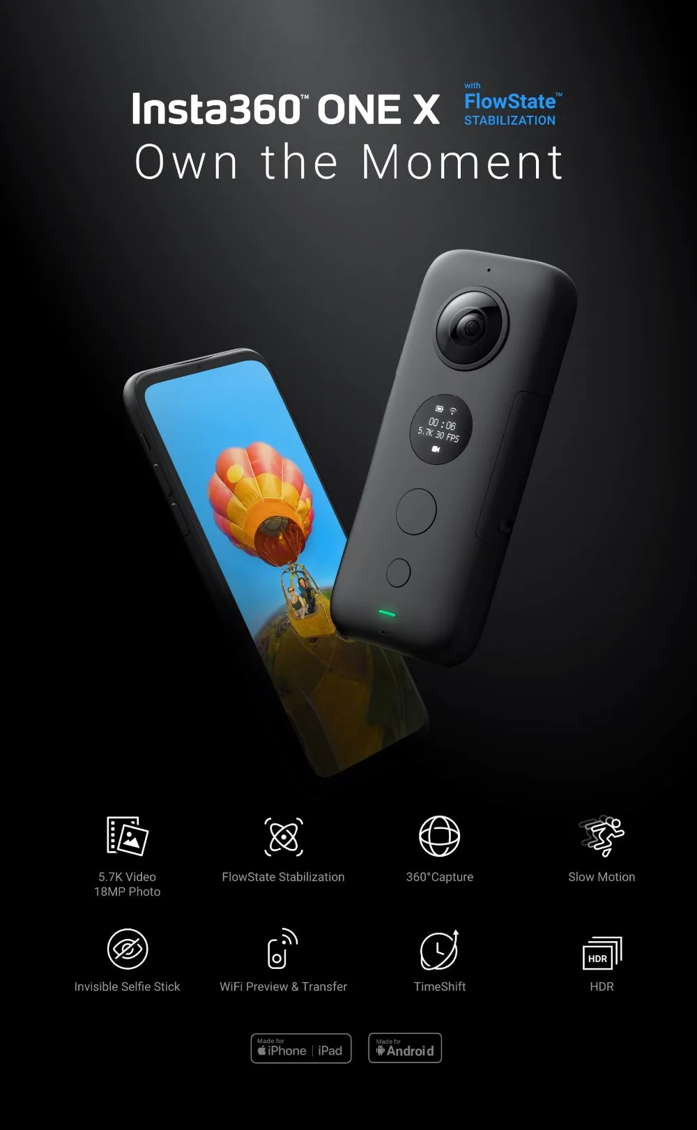 Insta360 ONE X 5,7 K VR 360 экшн-камера для iPhone и Android Insta 360 зарядное устройство для батареи время пули невидимая селфи-палка