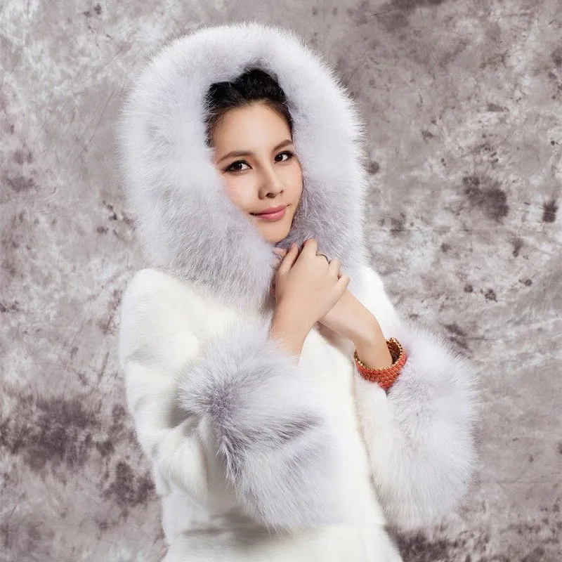 Giacca Pelliccia Donne Cappuccio Inverno Delle Lunga Lungo Calda Cappotto Di Visone Coniglio Bianco Con b76fyYvg