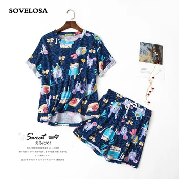 

2 Pajamas Set Women Cotton Pajamas Suit 2020 Summer Pyjama Pygama Femme Cute Cartoon Short-sleeved Shorts Pijama Sleepwear NEW