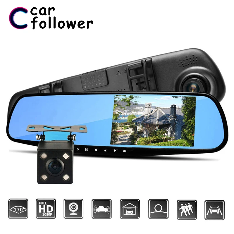 Full HD 1080P Car Dvr Dash Camera 4.3 Inch Rearview Mirror Digital Video Recorder Cam Dual Lens Registratory Camcorder | Автомобили и