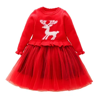 

Autumn Girl Sweater Dress Mesh Patchwork Princess Ball Gown Dress Cartoon Deer Long Sleeve Kids Winter Clothes Christmas Costume