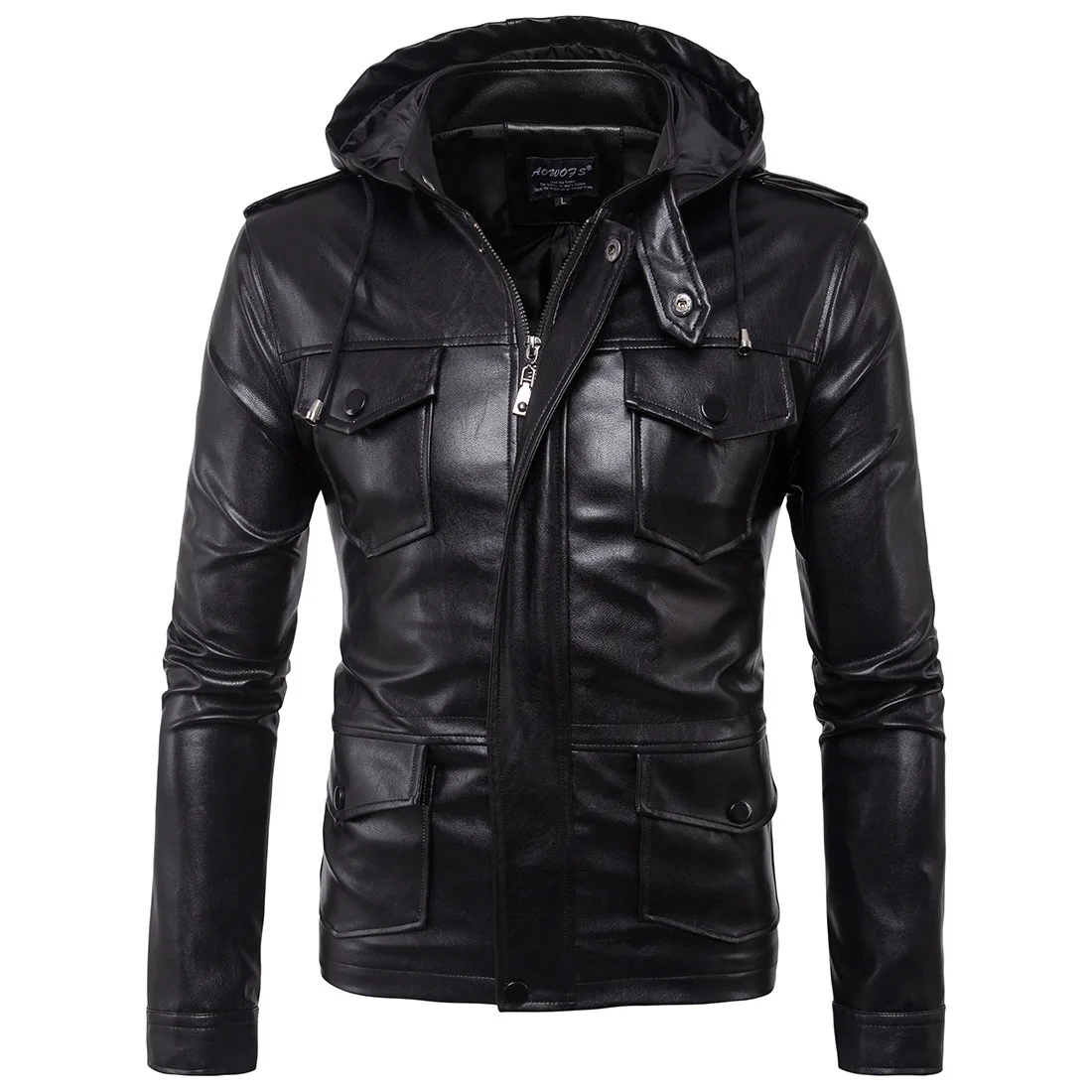 

new 2019 Men hooded A leather jacket Fashion bag leather more M - 5XL
