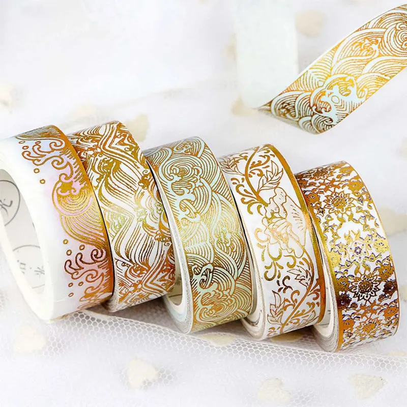 

1.5cm*5m Gold Foil Masking Tape Diy Craft Glitter Chinease Pattern Crane Paper Adhesive Washi Tape Stationery School Supplies