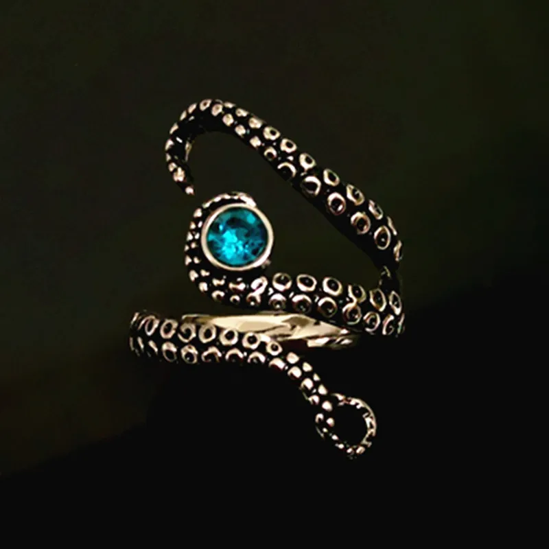 Розничная торговля осьминог, кольцо соблазнительное щупальца кольцо в древнем серебряном покрытии Буле горный хрусталь осьминог регулируемый размер