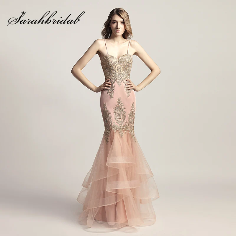 Spaghetti Strap Blush Mermaid Celebrity Dresses with Golden