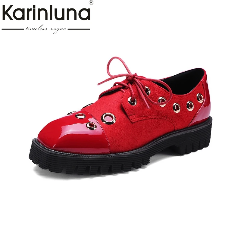 

KarinLuna 2018 Spring Autumn Plus Size 32-45 Fashion Patent Leather Platform Shoes Woman Lace Up Metal Decoration Lady Shoe