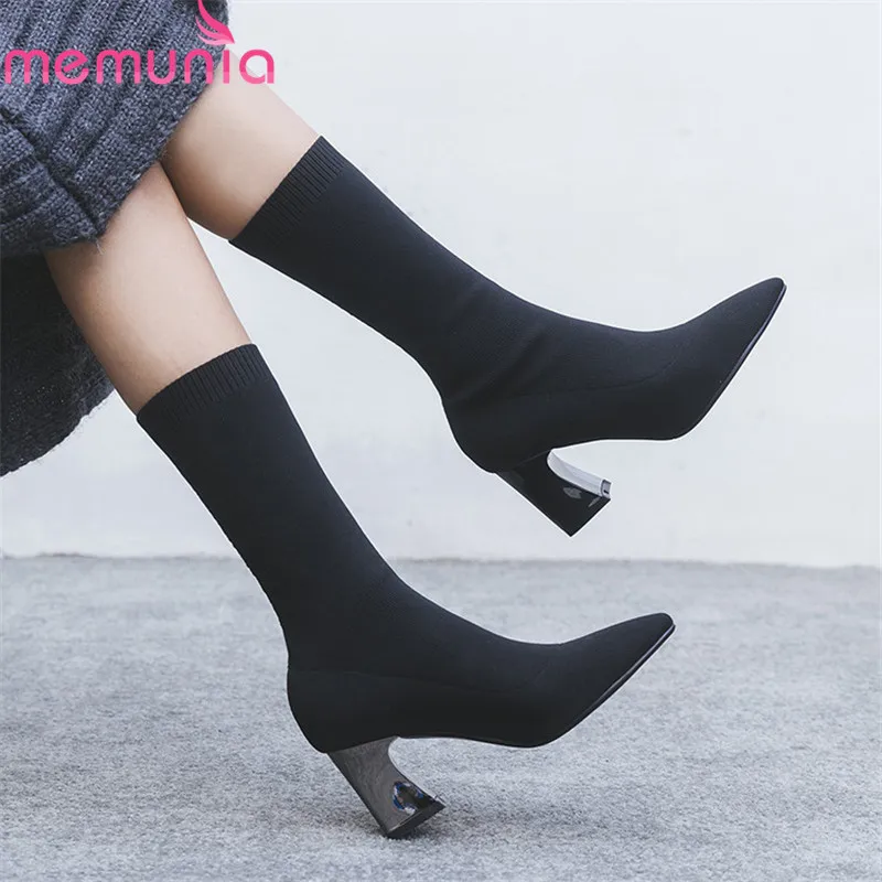 

MEMUNIA 2019 new arrival women ankle boots pointed toe high heels Elastic socks boots solid colors sexy party prom shoes woman