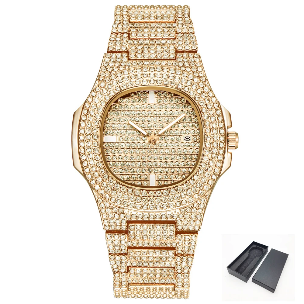 Comprar Reloj de pulsera con diamantes brillantes para hombres y mujeres, Hip Hop, con hielo, relojes de cuarzo para hombres, reloj de pulsera de acero inoxidable para hombres y mujeres