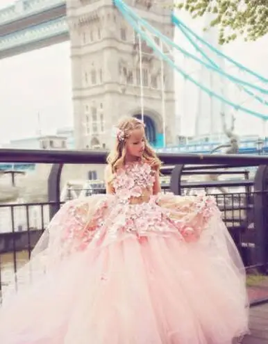 

Pink Flower Girl Dress Luxury Applique Princess Pageant Birthday Party Ball Gown