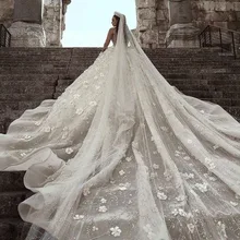 Cathedral Wedding Veils Luxury Arabic Beaded Stones Bridal Veils Floral Sweep Train Ivory Veil Long without Comb