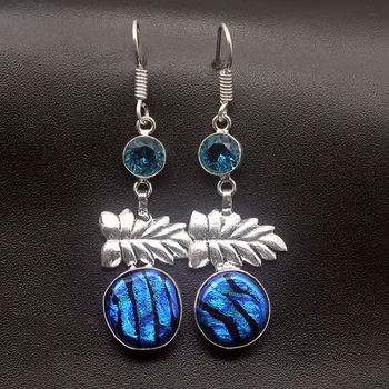 

Best Quality Charm Dichroic Glass Topaz925 Sterling Silver Color Ladies Dangle Earrings 2 3/8 Inch TF520 Free Shipping