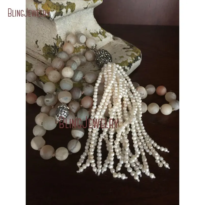 

Boho chic Knot Matte Agates Beads Necklace with pearls Tassel NM23767
