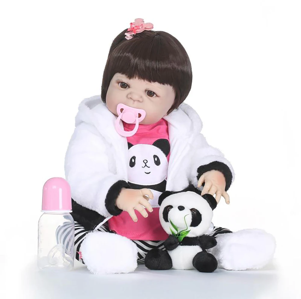 

55cm Full Silicone Vinyl Reborn Girl Baby Doll Toys With Panda 22inch Newborn Bebe Princess Babies Alive Bath Toy Play House Toy