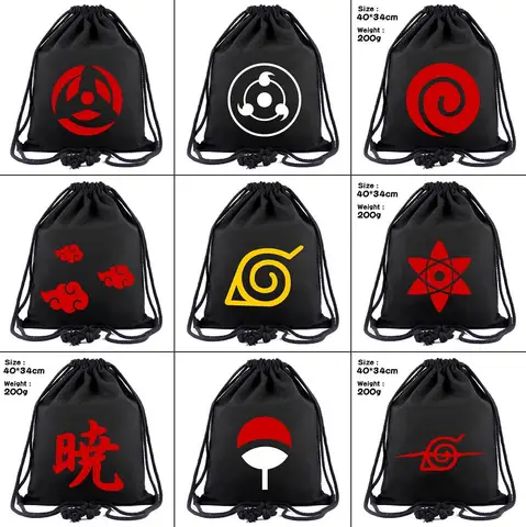Recipiente de Cosméticos Anime Naruto Lona Drawstring Mochila Uchiha Sharingan Moda Feminina Casual Praia Bolsa Sapatos Otaku