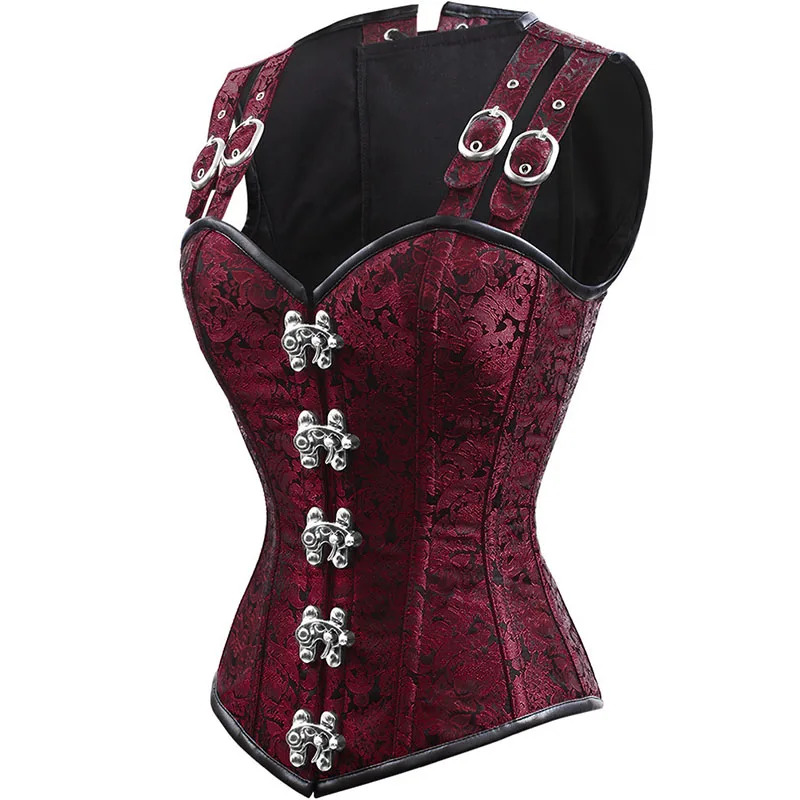 Steampunk Corsets and Bustiers Wine Red Sexy Brocade Adjustable Buckle Straps Vest Gothic Waist Corset 12 Steel Boned Corpet (2)