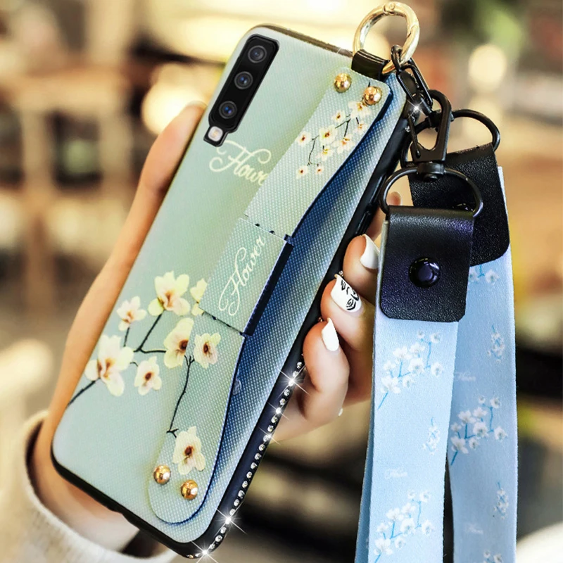 

Bling Wrist Strap Phone Case For Samsung Galaxy A10 A30 A50 M10 M20 Flower Pattern Silicone TPU Cover S10 S10 Plus Coque Case