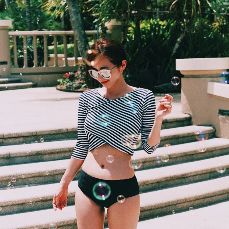 Купальник женский с длинным рукавом в полоску Морской стиль для купания 2017|bain| |