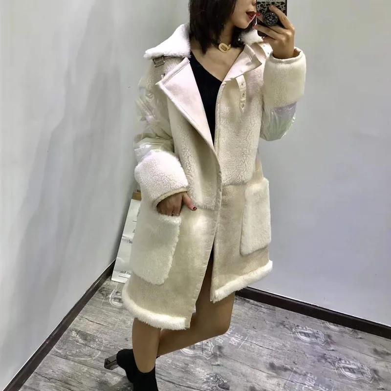 High quality wool blends coat real price new synthetic fur women winter patchwork duck down jacket thick warm female parka