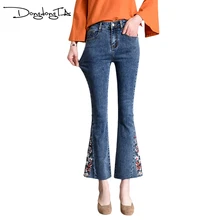 DONGDONGTA до щиколотки вышитые женские джинсы новые летние джинсы для женщин высокая талия расклешенные s джинсы HMF-56-8868