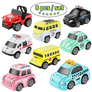 

8pcs/set Small Car Toy Model Diecast Pull back Vehicles Mini alloy car set of machines kit for boys school bus car toy
