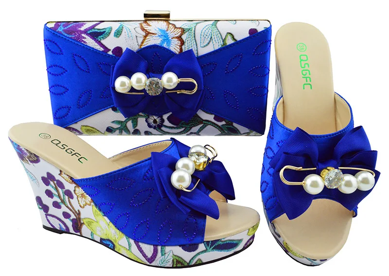 

2018 Royal Blue Italian Shoes with Matching Bags African Women Italian Shoes and Bag Set Nigerian Women Wedding Shoes MM1063