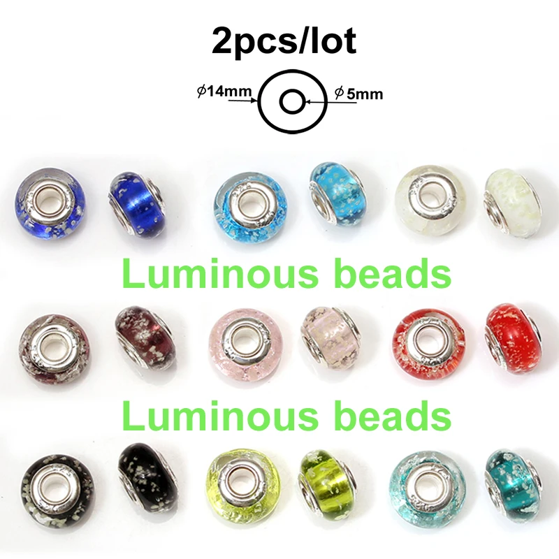 2Pcs/Lot 925 Fashion Silver Edge Color Glass Fluorescent Beads Fit Original Pandora Charms Bracelets Bangles Beaded Jewelry Gift