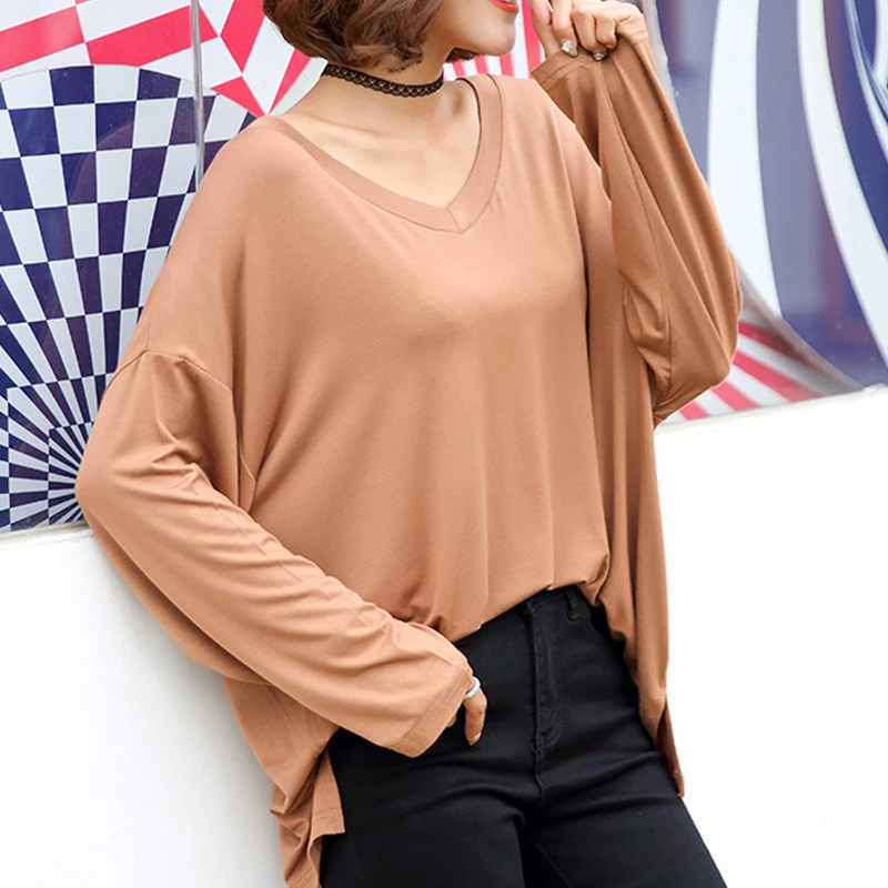 

New 100% Cotton Spring Oversize T shirt Women Candy Batwing Sleeve Elastic Basic Long T-shirt Loose Streetwear T-shirts Tee Tops