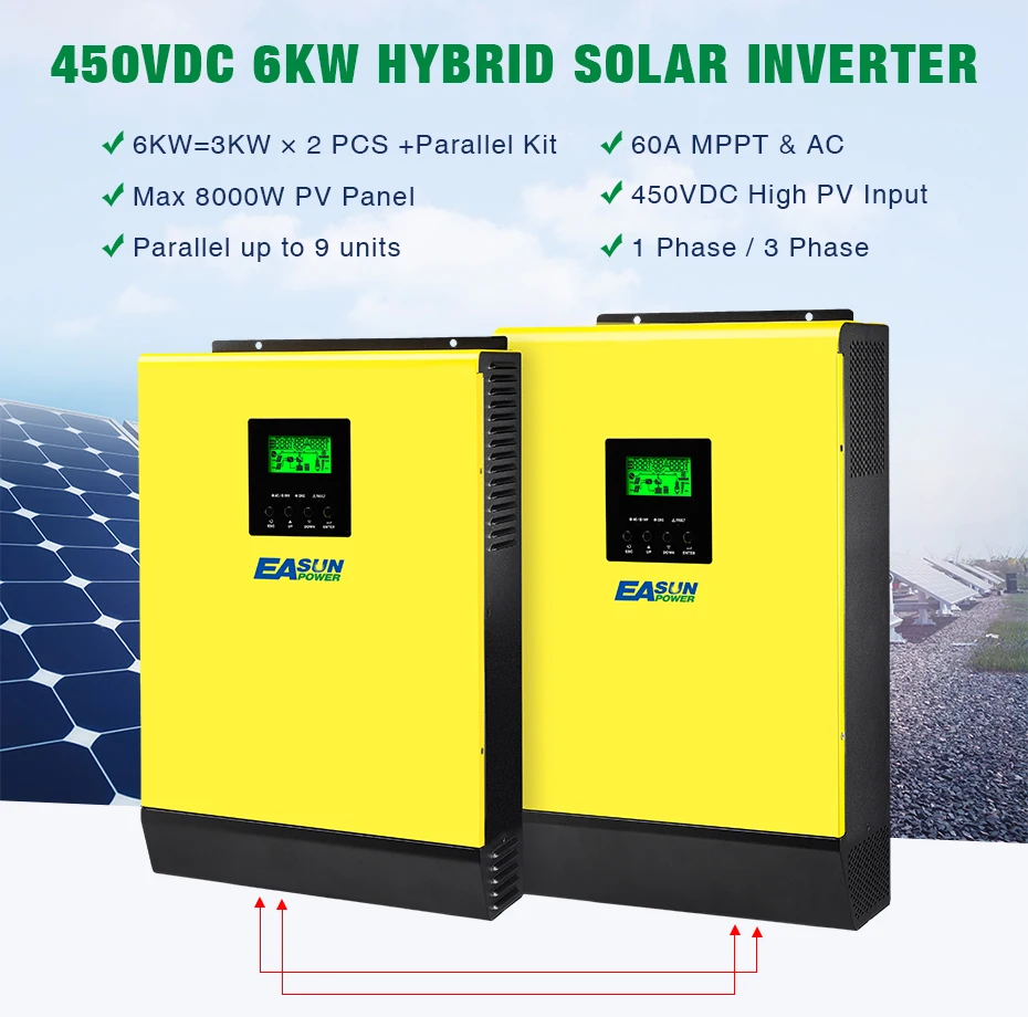Источник питания Easun Гибридный солнечный инвертор 6000W 48V 220V 450Vdc PV вход 60A сетка привязанный инвертор MPPT Солнечное зарядное устройство 60A зарядное устройство