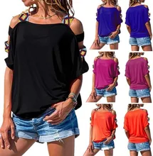 Hot Sale Women Bare Shoulder T Shirt New Vintage Boho Print Cold Shoulder Tunic Loose T-shirt Pure Color Short Sleeve Tees Tops Hot Sale Women Bare Shoulder T Shirt New Vintage Boho Print Cold Shoulder Tunic Loose T-shirt Pure Color Short Sleeve Tees Tops