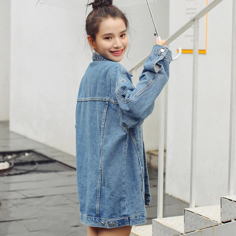 Spring women denim jacket 2018 fashion new loose Bat Sleeved female jacket mid-long single-breasted long-sleeved lady coat ll954 Spring women denim jacket 2018 fashion new loose Bat Sleeved female jacket mid-long single-breasted long-sleeved lady coat ll954