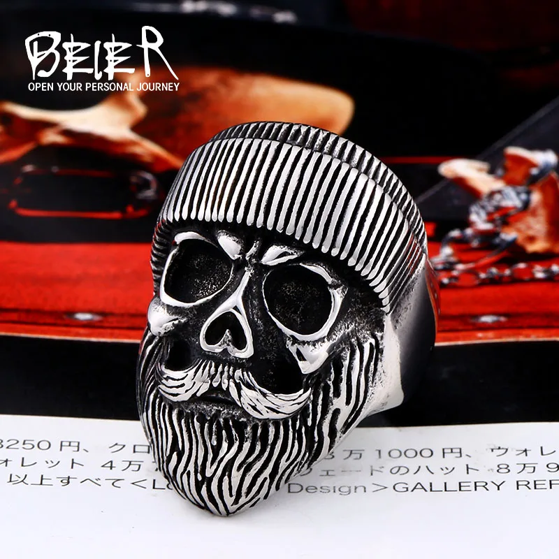 

Beier new store 316L Stainless Steel Cool locomotive old man skull men's ring punk rock bearded high quality jewelry LLBR8-656R