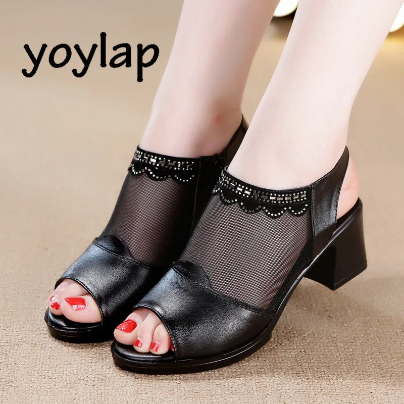 studded grid mesh open toe heels