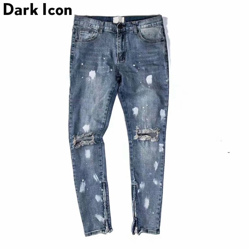 

DARK ICON Inside Seam Zipper Foil Paint Splatter Men's Jeans 2019 High Street Denim Pants Men Blue