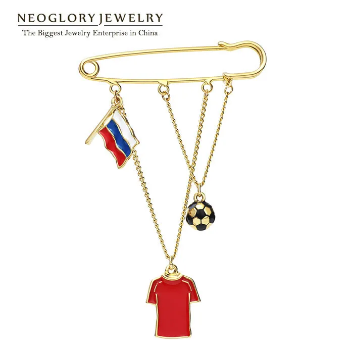 

Neoglory 2018 Zinc Alloy Light Yellow Gold Color Football Sport Brooch Pins Russia Flag The World Cup For Women New Arrival CLE