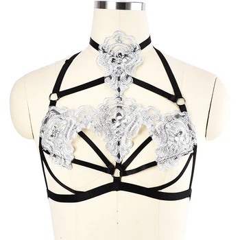 

Goth Sexy Lingerie Black (Silver) Elastic Adjust Body Harness Punk Pole Dance Crop Top Harness Fetish Rave Bondage Body Cage