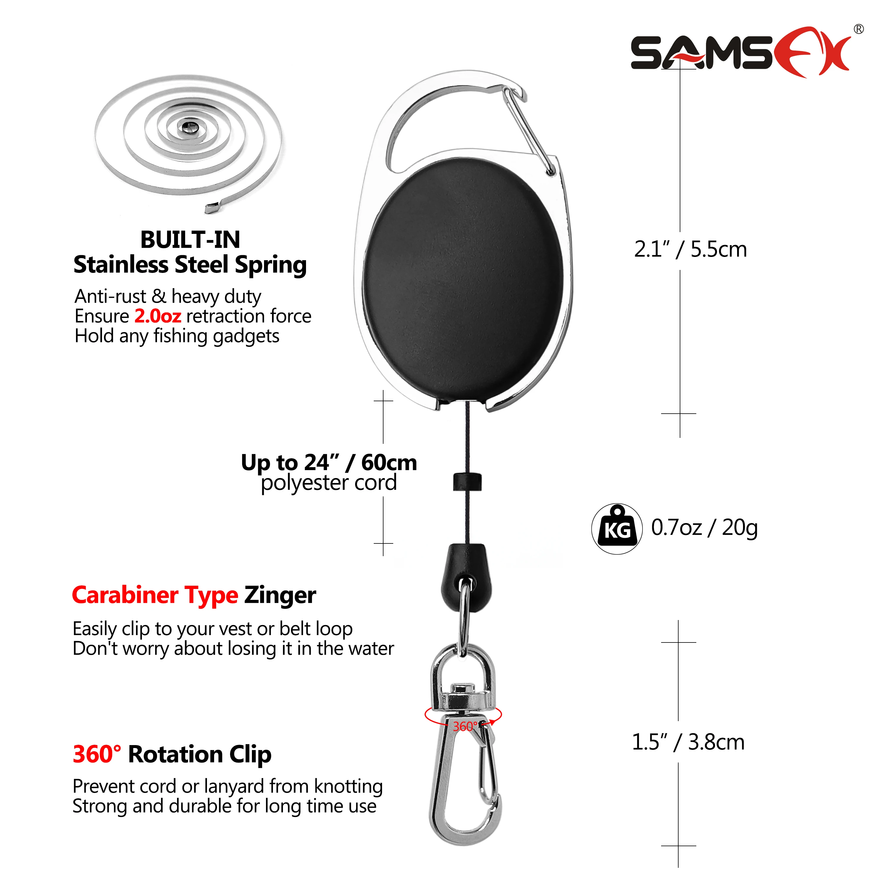 Fly Fishing Tool Zinger Retractor Tool Carabiner Clip Nylon Cord 60CM ABS
