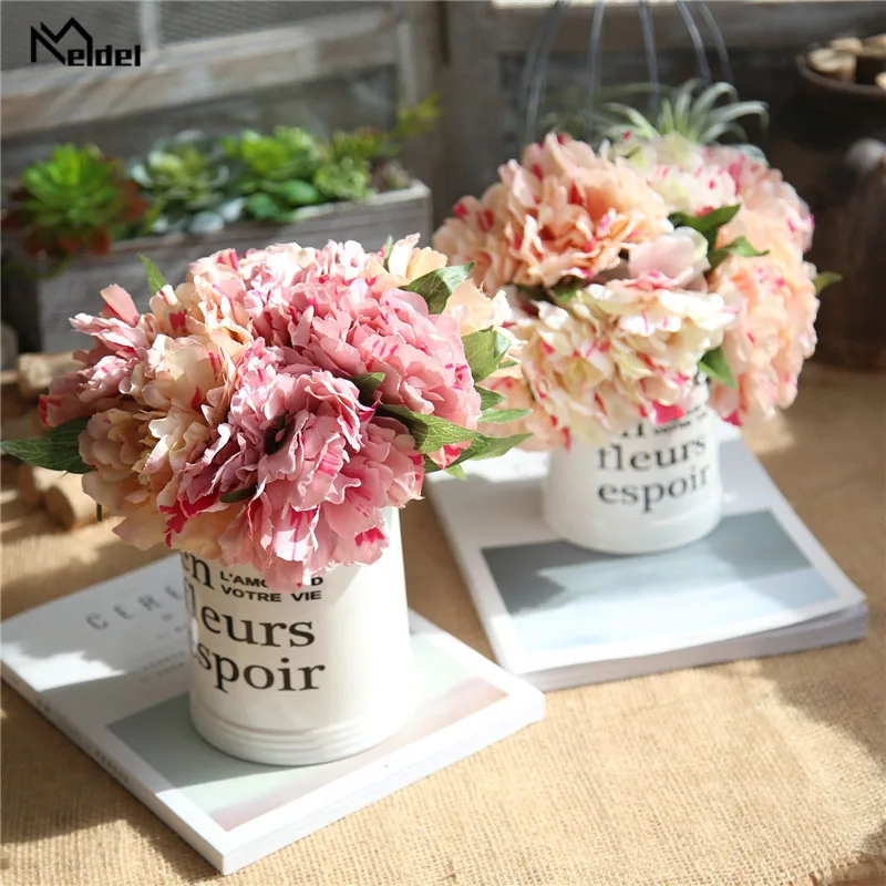 

Meldel Bridal Wedding Bouquet Artificial Silk Flowers Champagne White Bridesmaid Holding Peony Hydrangea Flower Wedding Supplies