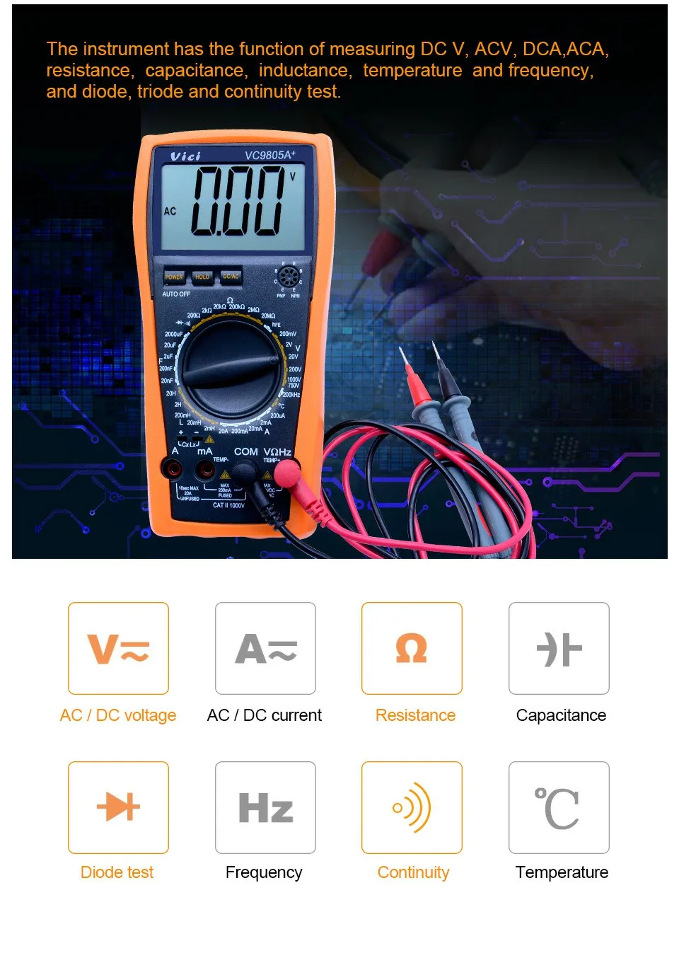 VICI VC9805A+ цифровой мультиметр тестер температуры DMM LCR метр индуктивность емкость Частота и hFE тестирование