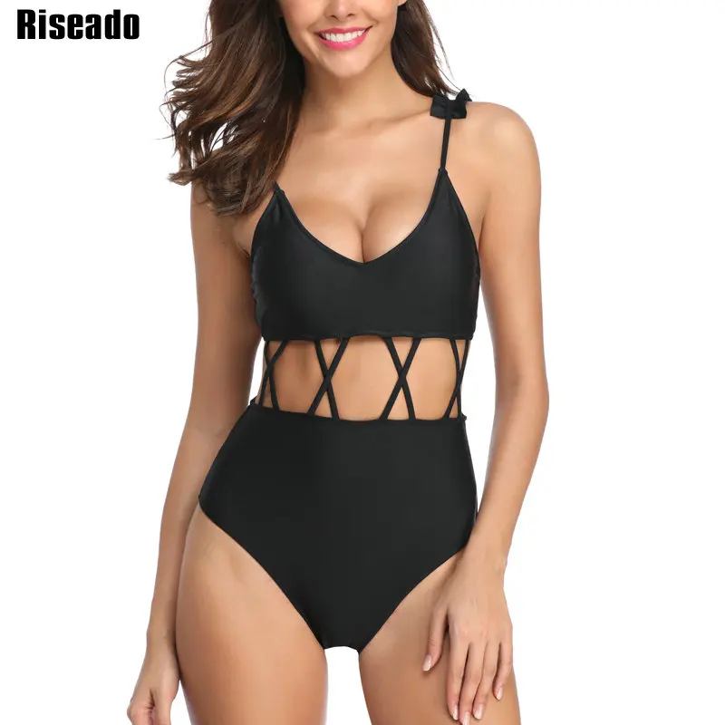 

Riseado Solid Swimwear Women Hollow Out One Piece Swimsuit Push Up Beachwear Sexy Ruffle Cross Strap Bathing Suits New 2019