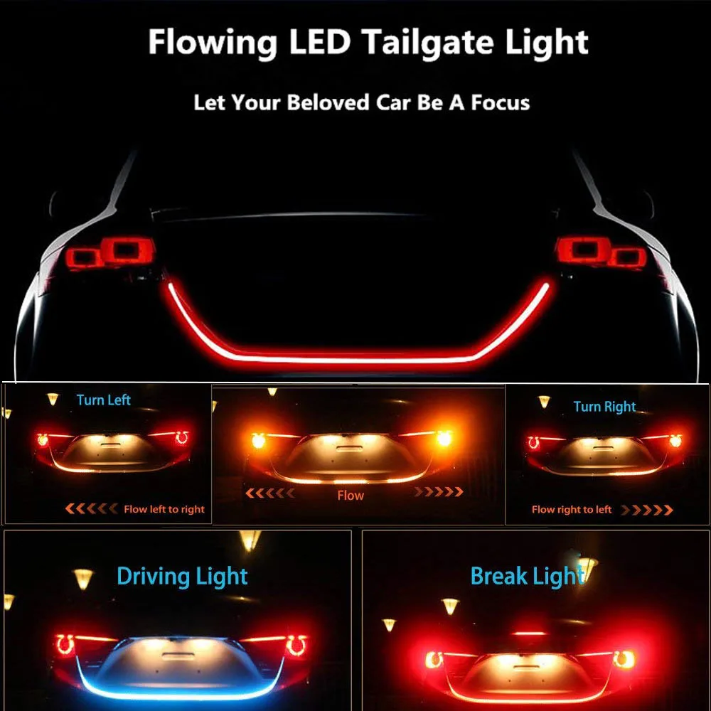 

Running Turn Signal LED Strip Light Amber Dynamic Streamer Floating Tailgate Luggage Rear Reverse Stop Signal 120CM Waterproof