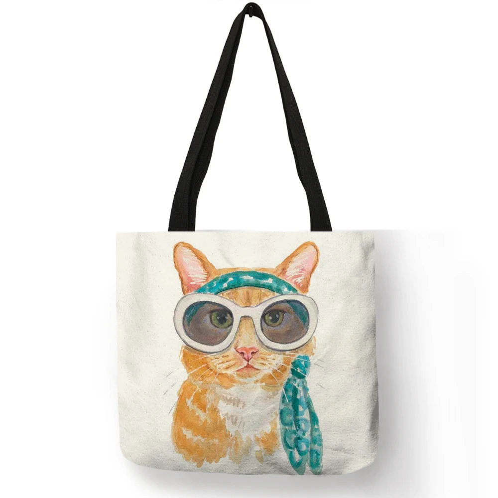 Милая многоразовая сумка для покупок с принтом кота, Женская Повседневная тканевая сумка, Льняная сумка-тоут, дорожные школьные сумки - Цвет: 011