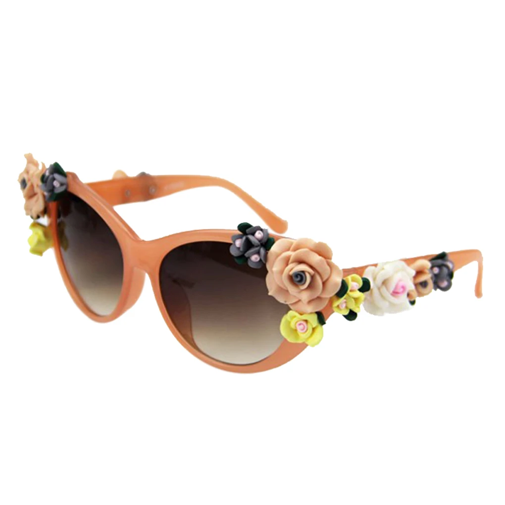 Популярные женские солнечные очки для девочек, очки с цветочным декором, круглая пластиковая оправа, защита UV400, ПК, линзы, розовые очки для улицы