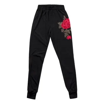 

Autumn Women ladies casual High elastic Waisted long pants fashion floral embroidery casual straight black long pants Trousers